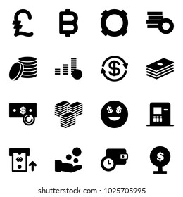Solid vector icon set - pound vector, bitcoin, currency, coin, dollar exchange, cash, big, smile, atm, pay, wallet time, money tree
