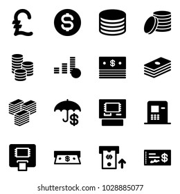 Solid vector icon set - pound vector, dollar coin, big cash, atm, check