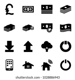 Solid vector icon set - pound vector, dollar, cash, download, uplooad, upload cloud, standby, mobile, home, wireless, button