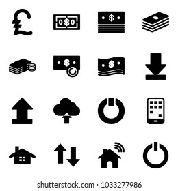 Solid vector icon set - pound vector, dollar, cash, download, uplooad, upload cloud, standby, mobile, home, up down arrows, wireless, button