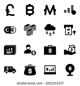 Solid vector icon set - pound vector, bitcoin, monero, coin, euro dollar, big cash, money rain, atm, statistics report, account, case, investment, encashment car, purse, tree