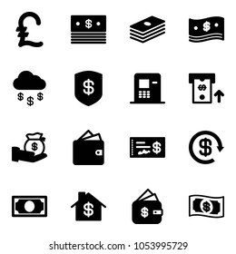 Solid vector icon set - pound vector, dollar, cash, money rain, safe, atm, investment, wallet, check, reload, home, finance management