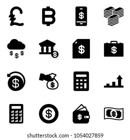 Solid vector icon set - pound vector, bitcoin, mobile payment, big cash, money rain, account, statement, case, back, encashment, calculator, growth arrow, dollar, finance management
