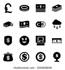 Solid vector icon set - pound vector, coin, dollar, cash, euro, money rain, safe, smile, atm, purse, tree