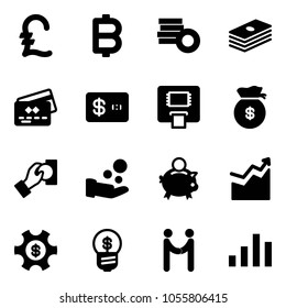 Solid vector icon set - pound vector, bitcoin, coin, dollar, credit card, atm, money bag, cash pay, piggy bank, growth, managemet, business idea, agreement, chart
