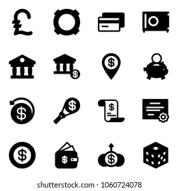 Solid vector icon set - pound vector, currency, credit card, safe, bank, account, dollar pin, piggy, money back, torch, history, certificate, finance management, growth, bones