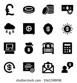 Solid vector icon set - pound vector, coin, cash, money rain, safe, dollar sun, atm, bag, chest, calculator, reload, certificate, mail, dialog