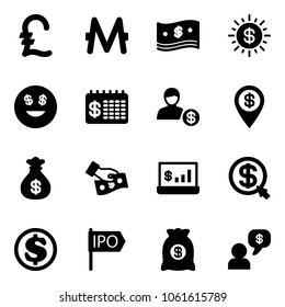 Solid vector icon set - pound vector, monero, cash, dollar sun, smile, finance calendar, account, pin, money bag, pay, statistics, click, ipo, dialog