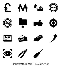 Solid vector icon set - pound vector, monero, card pay, no overtake road sign, end minimal speed limit, network folder, like, target, statistics monitor, open, gold, growth, eye scanner, pliers