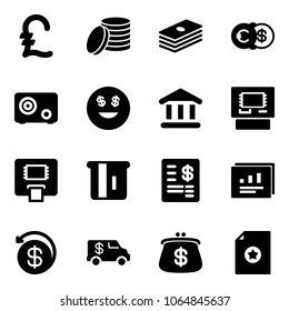 Solid vector icon set - pound vector, coin, dollar, euro, safe, smile, bank, atm, account statement, statistics report, money back, encashment car, purse, certificate