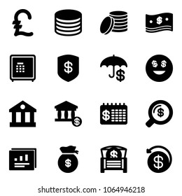 Solid vector icon set - pound vector, coin, cash, safe, dollar smile, bank, account, finance calendar, money search, statistics report, bag, chest, back