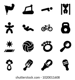 Solid vector icon set - power hand vector, treadmill, push ups, pull, gymnastics, abdominal muscles, bike, weight, mat, volleyball, beanbag