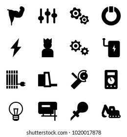 Solid vector icon set - power hand vector, settings, gears, standby, lightning, king, gear, bank, sun panel, water plant, Angular grinder, multimeter, bulb, jig saw, oiler, excavator toy