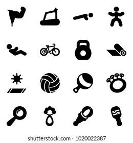 Solid vector icon set - power hand vector, treadmill, push ups, gymnastics, abdominal muscles, bike, weight, mat, volleyball, beanbag