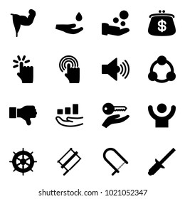 Solid vector icon set - power hand vector, drop, cash pay, purse, touch, cursor, volume max, social, dislike, growth, key, success, wheel, bucksaw, fretsaw, clinch