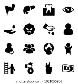 Solid vector icon set - power hand vector, liver, tooth, eye, drop, virus, investment, user, login, group, man globe, success, opportunity, rich, victory, money