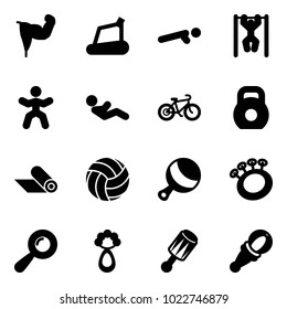 Solid vector icon set - power hand vector, treadmill, push ups, pull, gymnastics, abdominal muscles, bike, weight, mat, volleyball, beanbag