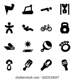 Solid vector icon set - power hand vector, treadmill, push ups, pull, gymnastics, abdominal muscles, bike, weight, mat, beanbag
