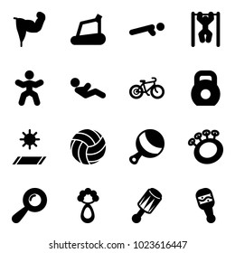 Solid vector icon set - power hand vector, treadmill, push ups, pull, gymnastics, abdominal muscles, bike, weight, mat, volleyball, beanbag