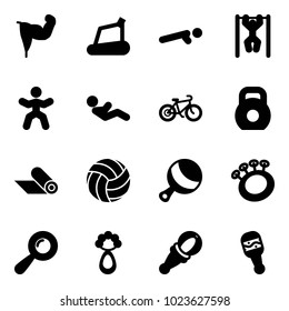 Solid vector icon set - power hand vector, treadmill, push ups, pull, gymnastics, abdominal muscles, bike, weight, mat, volleyball, beanbag