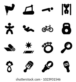 Solid vector icon set - power hand vector, treadmill, push ups, pull, gymnastics, abdominal muscles, bike, weight, mat, beanbag