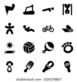 Solid vector icon set - power hand vector, treadmill, push ups, pull, gymnastics, abdominal muscles, bike, mat, volleyball, beanbag