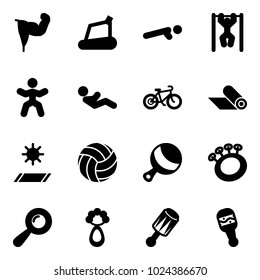 Solid vector icon set - power hand vector, treadmill, push ups, pull, gymnastics, abdominal muscles, bike, mat, volleyball, beanbag