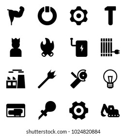 Solid vector icon set - power hand vector, standby, gear, work, king, fire, bank, sun panel, plant, wood drill, Angular grinder, bulb, generator, oiler, excavator toy