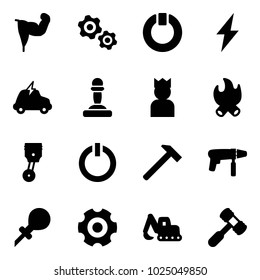 Solid vector icon set - power hand vector, gears, standby, lightning, electric car, pawn, king, fire, piston, button, hammer, drill machine, oiler, gear, excavator toy