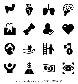 Solid vector icon set - power hand vector, heart, lungs, brain, tooth, broken bone, user check, man globe, sproute, opportunity, rich, success, dollar, money, eye scanner