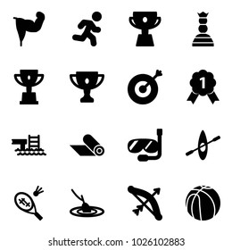Solid vector icon set - power hand vector, run, cup, chess queen, win, gold, target, medal, pool, mat, diving, kayak, badminton, fishing, bow, basketball