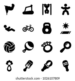 Solid vector icon set - power hand vector, treadmill, pull ups, gymnastics, abdominal muscles, bike, weight, mat, volleyball, beanbag
