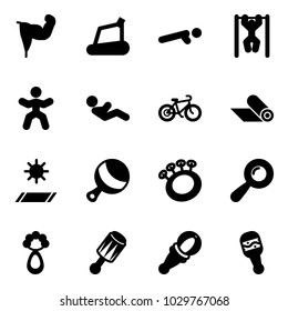 Solid vector icon set - power hand vector, treadmill, push ups, pull, gymnastics, abdominal muscles, bike, mat, beanbag