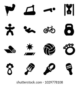Solid vector icon set - power hand vector, treadmill, push ups, pull, gymnastics, abdominal muscles, bike, weight, mat, volleyball, beanbag