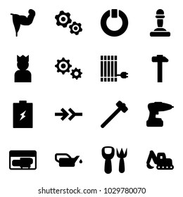 Solid vector icon set - power hand vector, gears, standby, pawn, king, gear, sun panel, hammer, battery, connect, sledgehammer, drill, generator, oiler, shovel fork toy, excavator