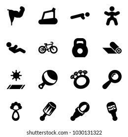 Solid vector icon set - power hand vector, treadmill, push ups, gymnastics, abdominal muscles, bike, weight, mat, beanbag