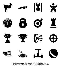 Solid vector icon set - power hand vector, push ups, pull, gymnastics, basketball ball, weight, target, chess tower, win cup, gold, solution, pool, fishing, gyroscope