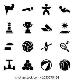 Solid vector icon set - power hand vector, push ups, gymnastics, abdominal muscles, chess queen, win cup, mat, inflatable pool, volleyball, kayak, badminton, gyroscope, billiards balls, beach ball