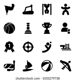 Solid vector icon set - power hand vector, treadmill, pull ups, gymnastics, basketball ball, chess queen, win cup, winner, gold medal, target, flying man, pool, diving, windsurfing, beach, bow