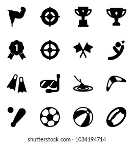 Solid vector icon set - power hand vector, target, win cup, gold, medal, flags cross, flying man, flippers, diving, fishing, boomerang, baseball bat, soccer ball, beach, football