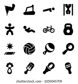 Solid vector icon set - power hand vector, treadmill, push ups, pull, gymnastics, abdominal muscles, bike, weight, mat, volleyball, beanbag