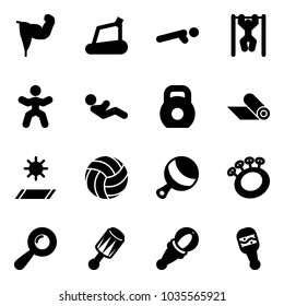Solid vector icon set - power hand vector, treadmill, push ups, pull, gymnastics, abdominal muscles, weight, mat, volleyball, beanbag