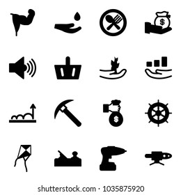 Solid vector icon set - power hand vector, drop, fork spoon plate, investment, volume max, basket, sproute, growth, rock axe, rich, wheel, kite, jointer, drill, pipe welding