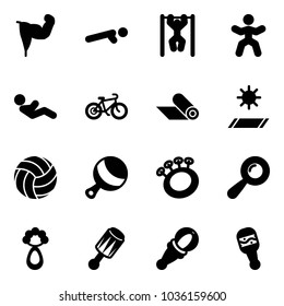 Solid vector icon set - power hand vector, push ups, pull, gymnastics, abdominal muscles, bike, mat, volleyball, beanbag