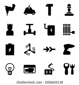 Solid vector icon set - power hand vector, electric car, work, pawn, king, gyroscope, bank, sun panel, battery, wind mill, connect, drill, bulb, generator, welding, shovel fork toy