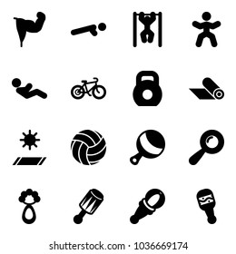 Solid vector icon set - power hand vector, push ups, pull, gymnastics, abdominal muscles, bike, weight, mat, volleyball, beanbag
