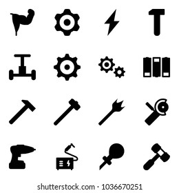 Solid vector icon set - power hand vector, gear, lightning, work, gyroscope, battery, hammer, sledgehammer, wood drill, Angular grinder, welding, oiler, toy