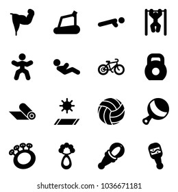 Solid vector icon set - power hand vector, treadmill, push ups, pull, gymnastics, abdominal muscles, bike, weight, mat, volleyball, beanbag