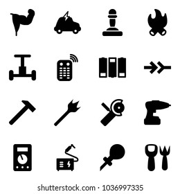 Solid vector icon set - power hand vector, electric car, pawn, fire, gyroscope, remote control, battery, connect, hammer, wood drill, Angular grinder, multimeter, welding, oiler, shovel fork toy