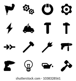 Solid vector icon set - power hand vector, gears, standby, gear, lightning, electric car, work, hammer, connect, sledgehammer, wood drill, machine, bulb, oiler, toy